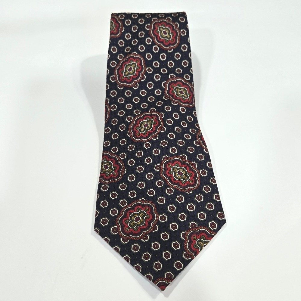 Coach Mens Silk Tie Navy Blue Red Medallion Geometric Pattern Italian Silk